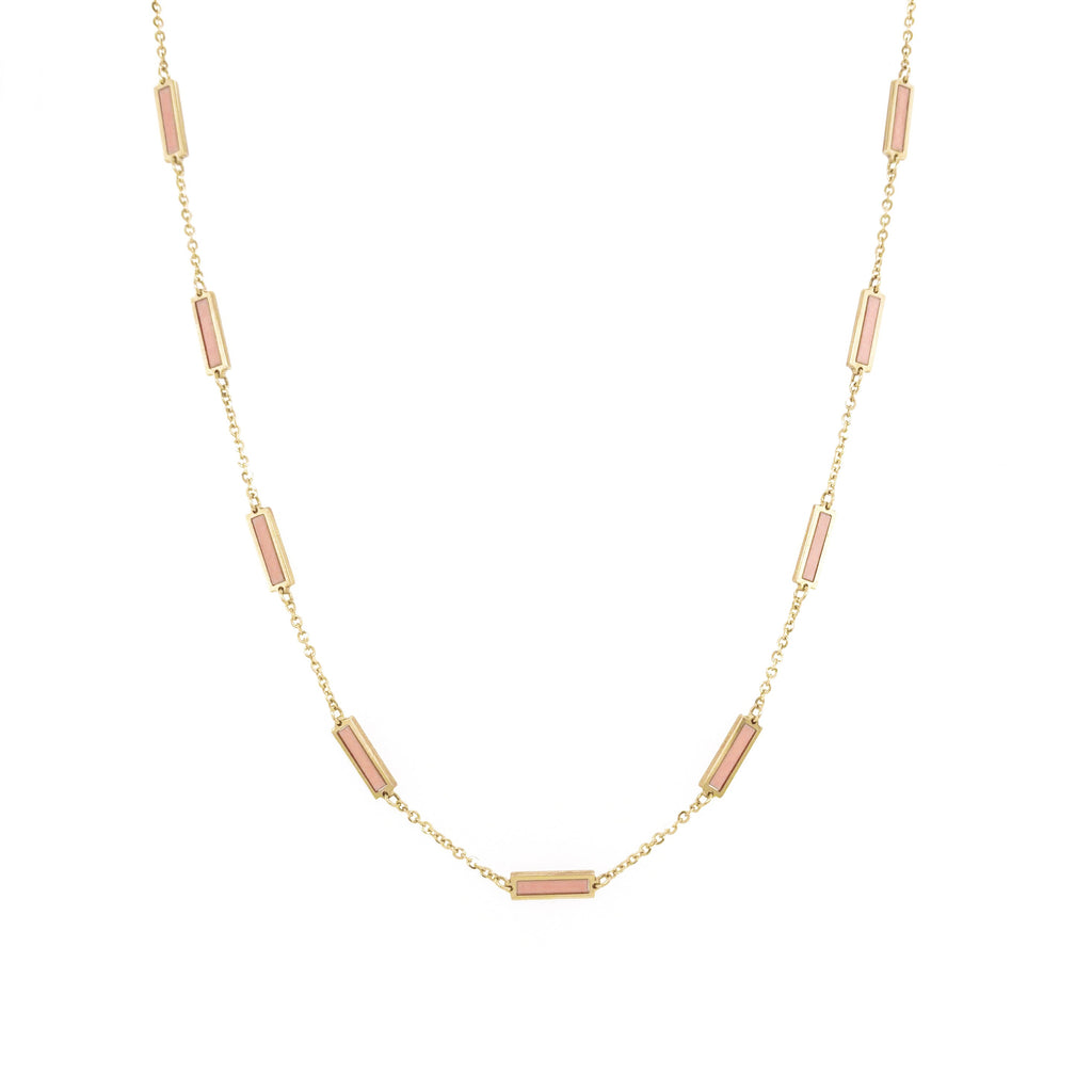 14K Yellow Gold Light Pink Bar Station Necklace