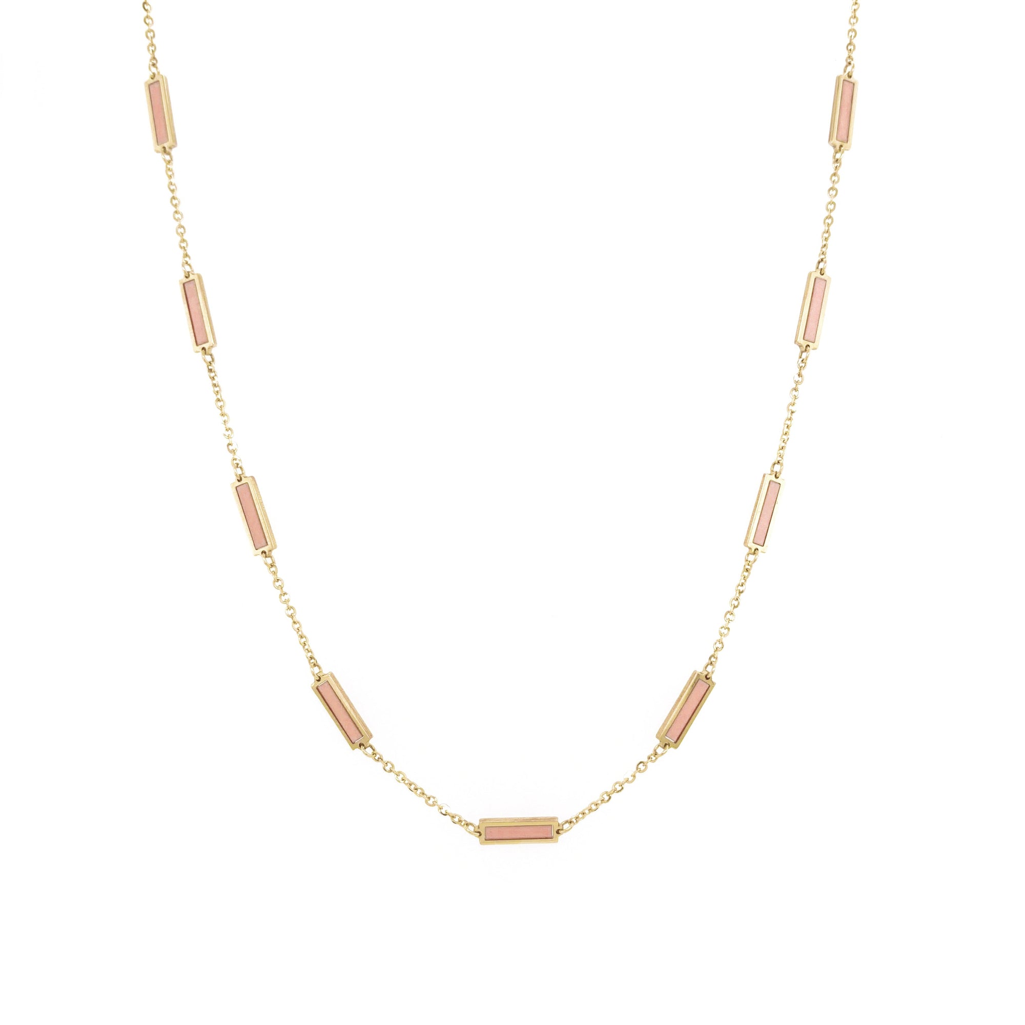 14K Yellow Gold Light Pink Bar Station Necklace