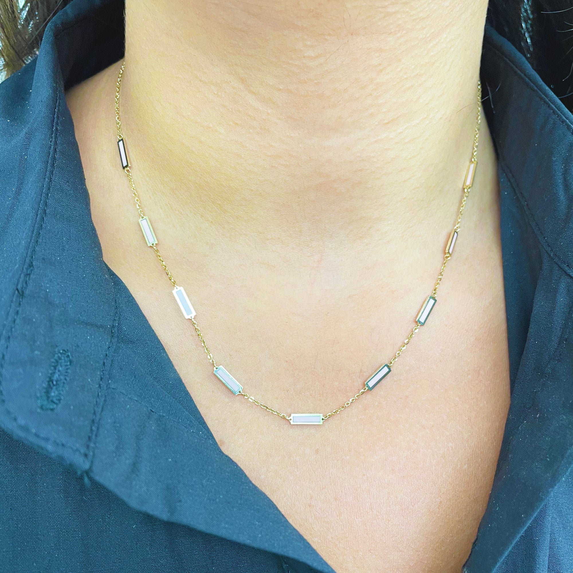 14K Yellow Gold Light Pink Bar Station Necklace