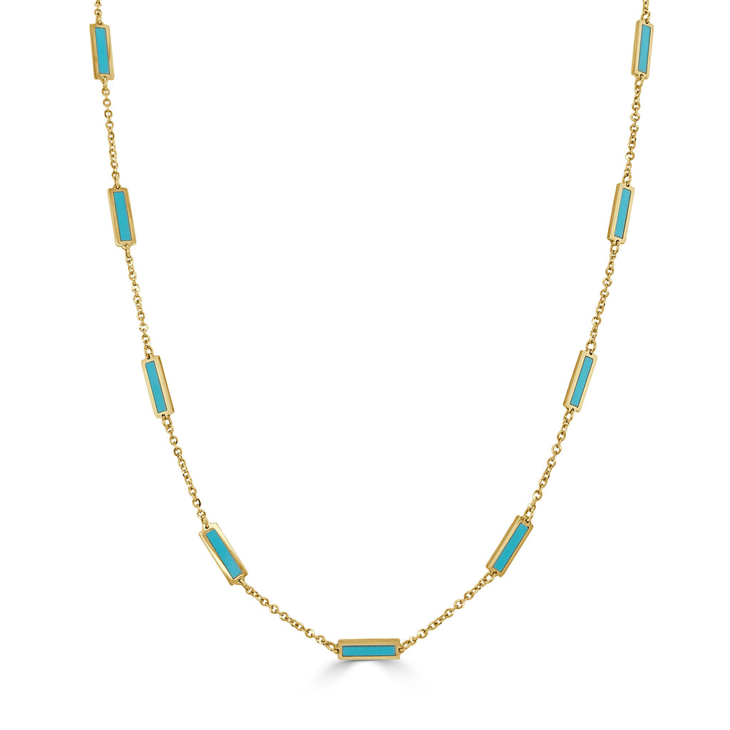 14K Yellow Gold Turquoise Station Bar Necklace