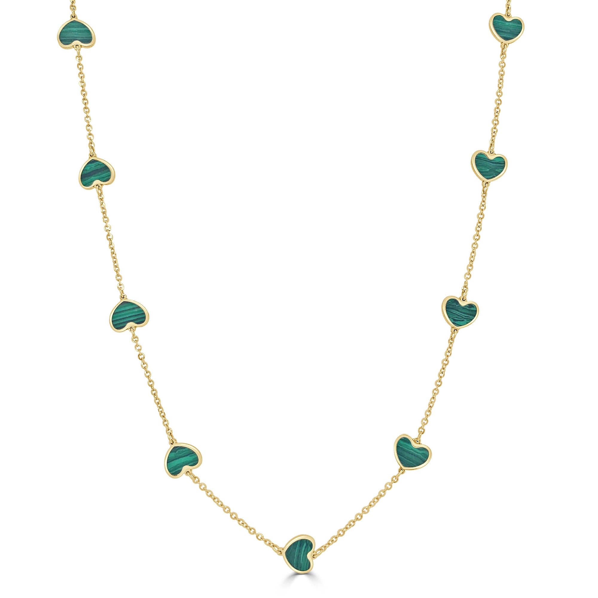 14K Gold Malachite Heart Station Necklace