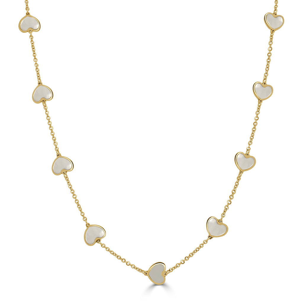 14K Gold Mother of Pearl Heart Station Necklace