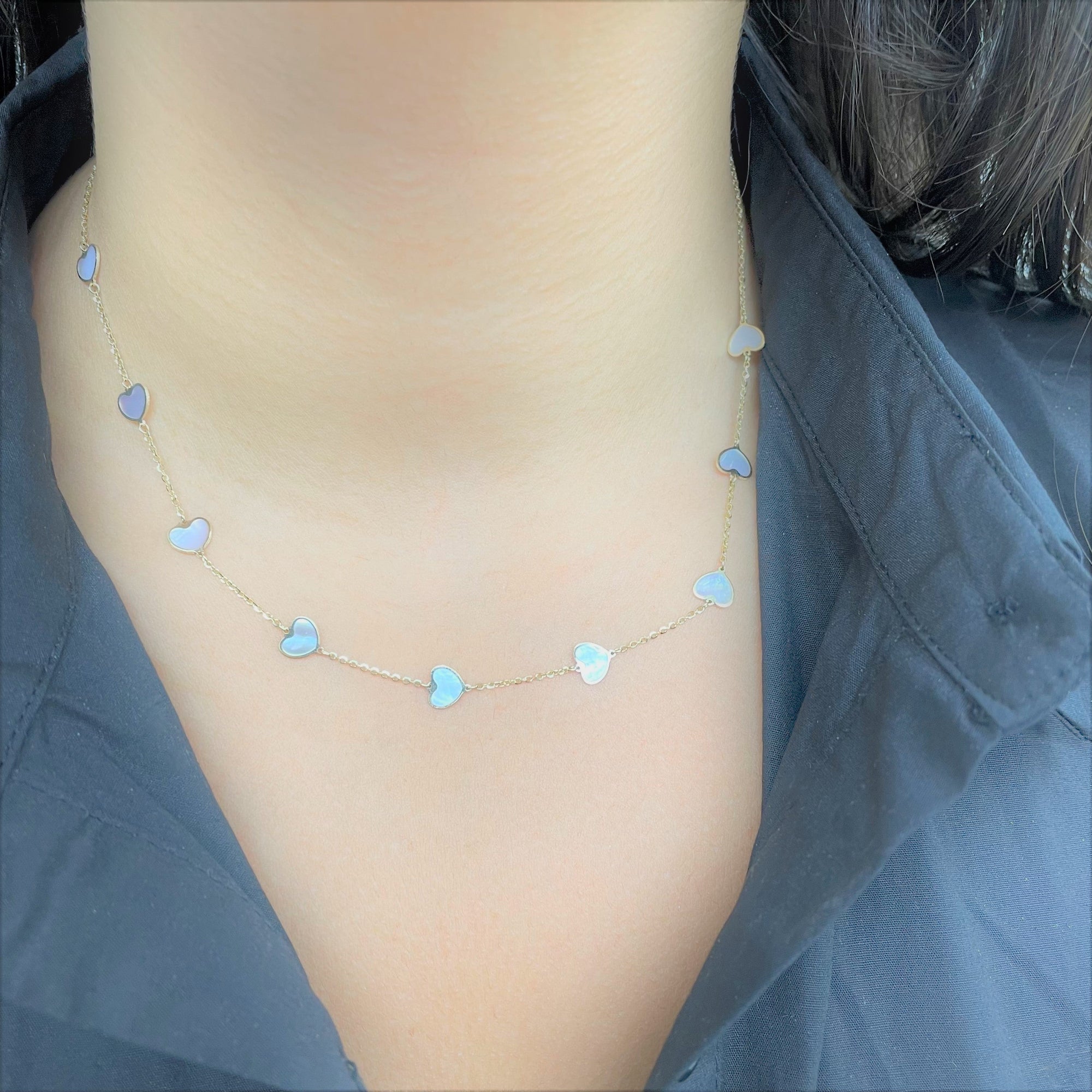 Mother of Pearl Heart Station Necklace, 14K