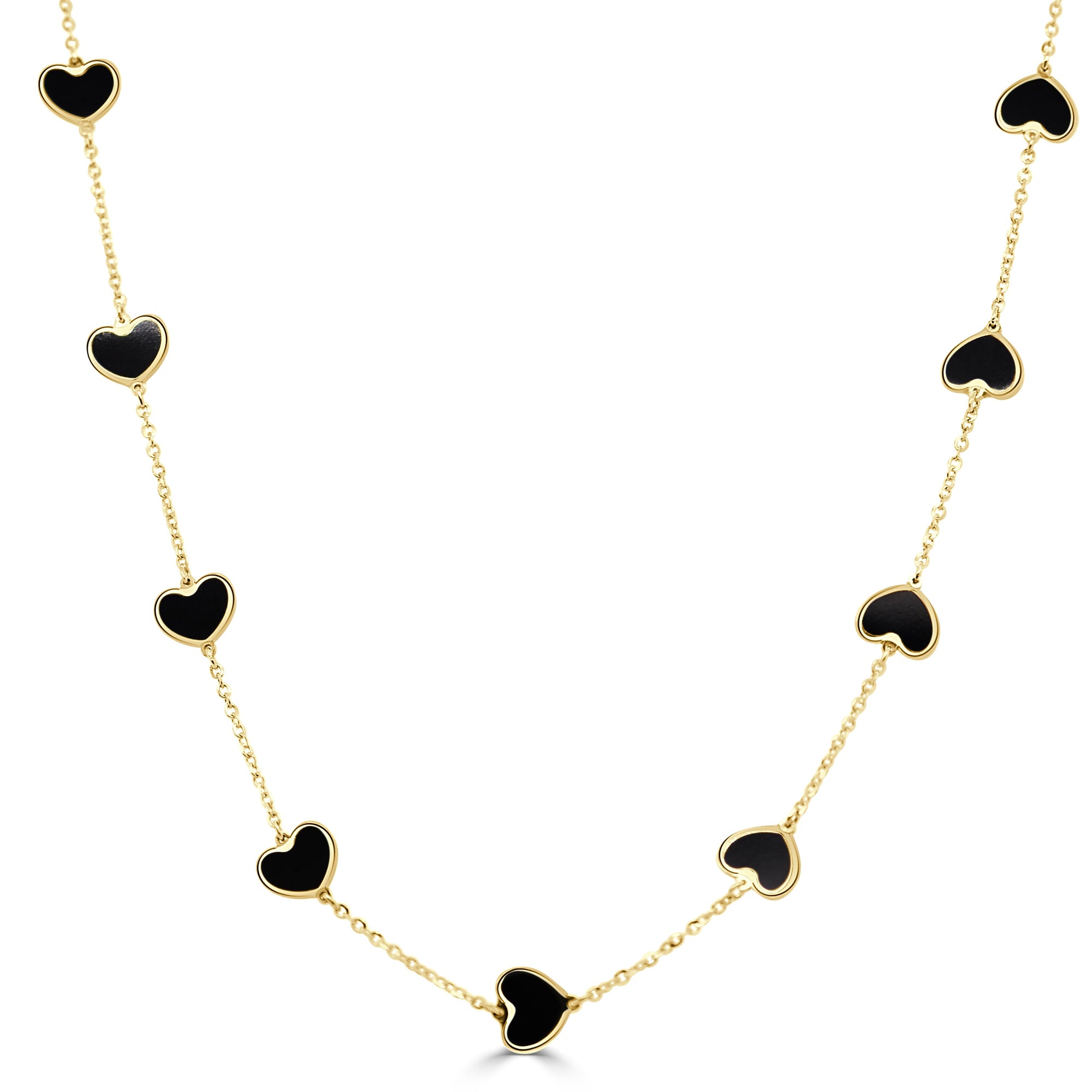14K Gold Onyx Heart Station Necklace