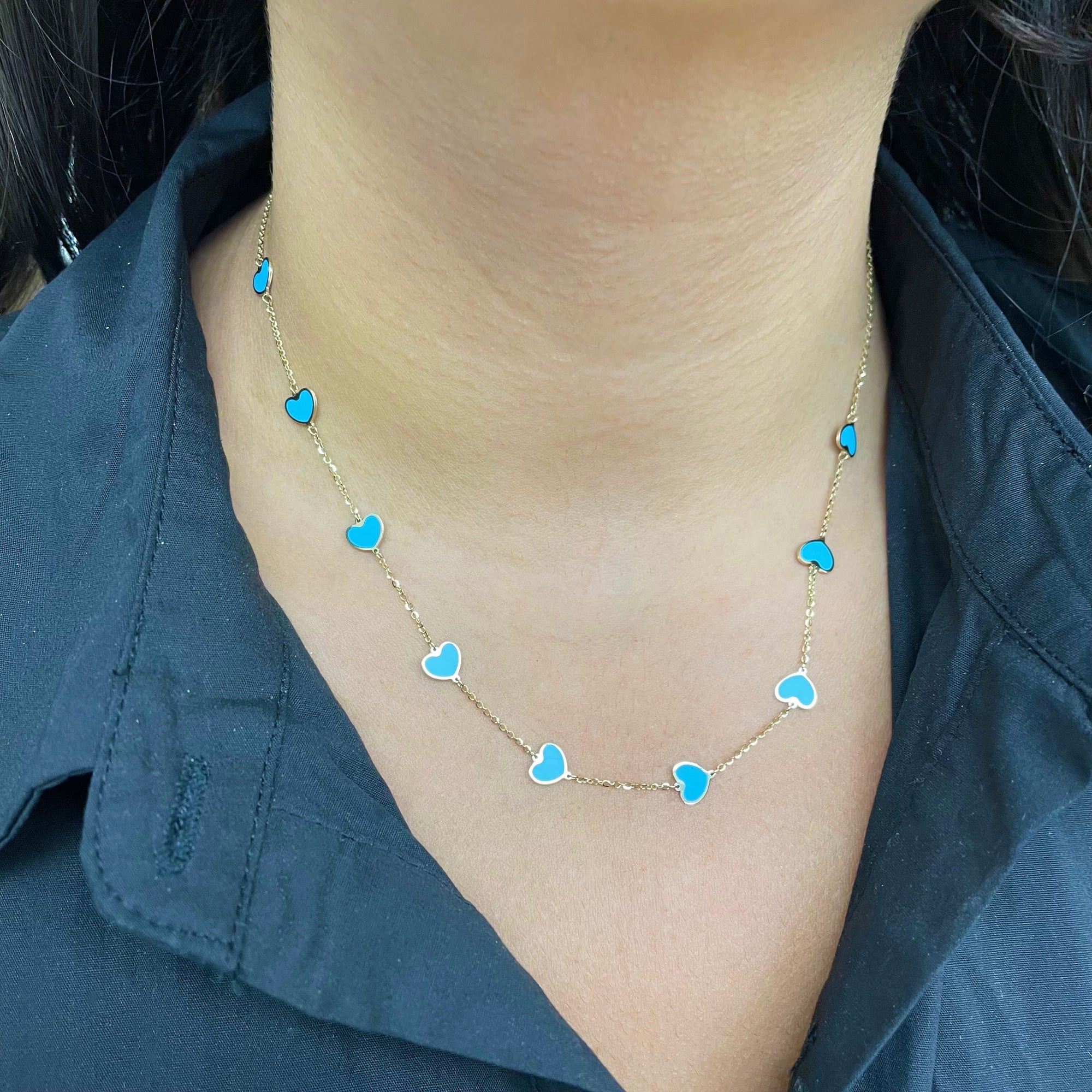 14K Gold Turquoise Heart Station Necklace
