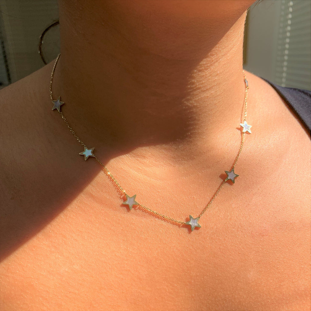 14K Gold Mother of Pearl Star Station Necklace