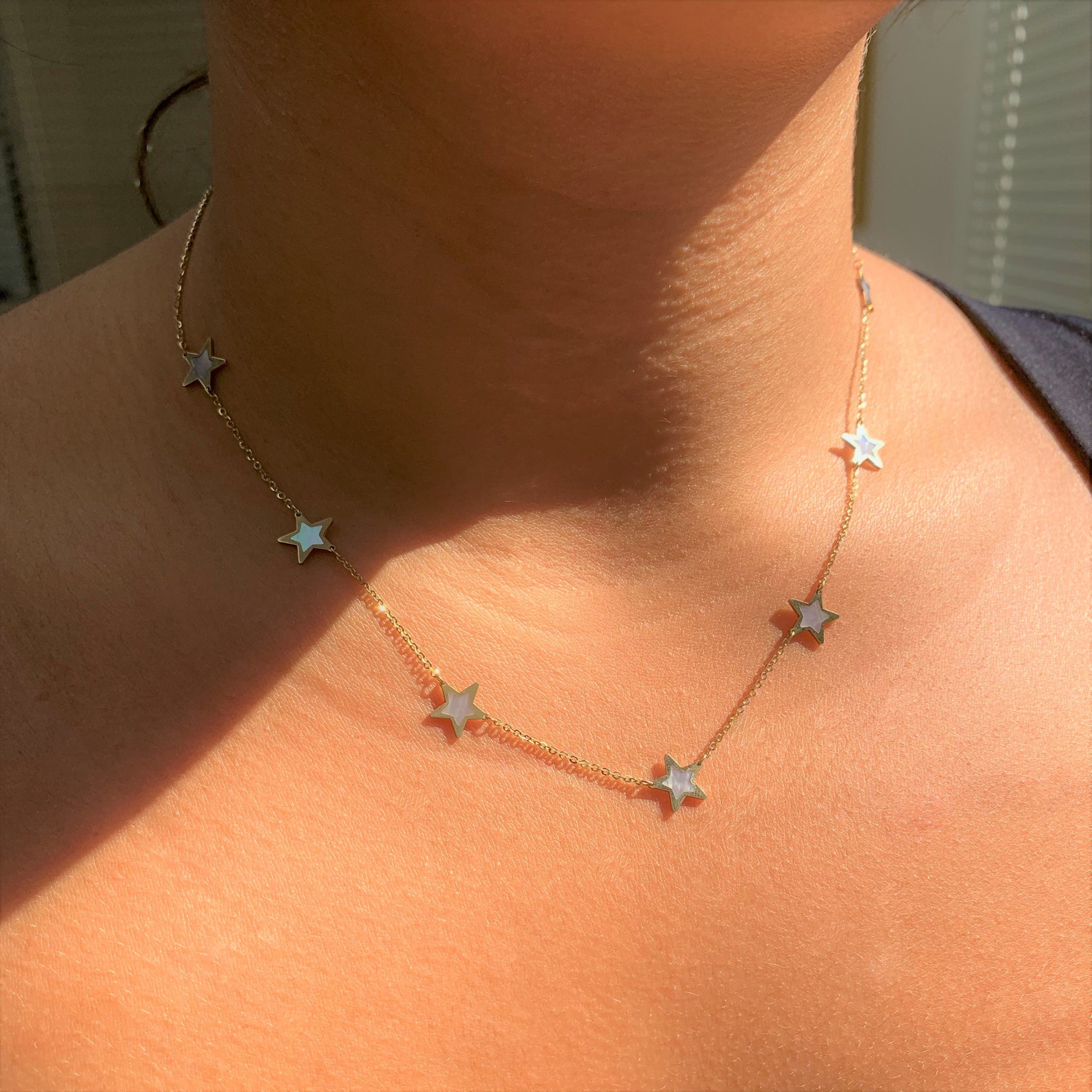 14K Gold Mother of Pearl Star Station Necklace