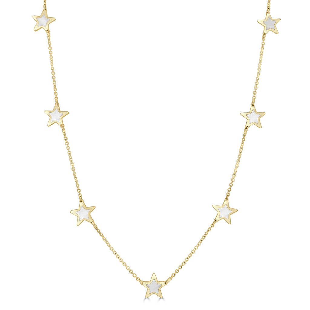 14K Gold Mother of Pearl Star Station Necklace - Yellow