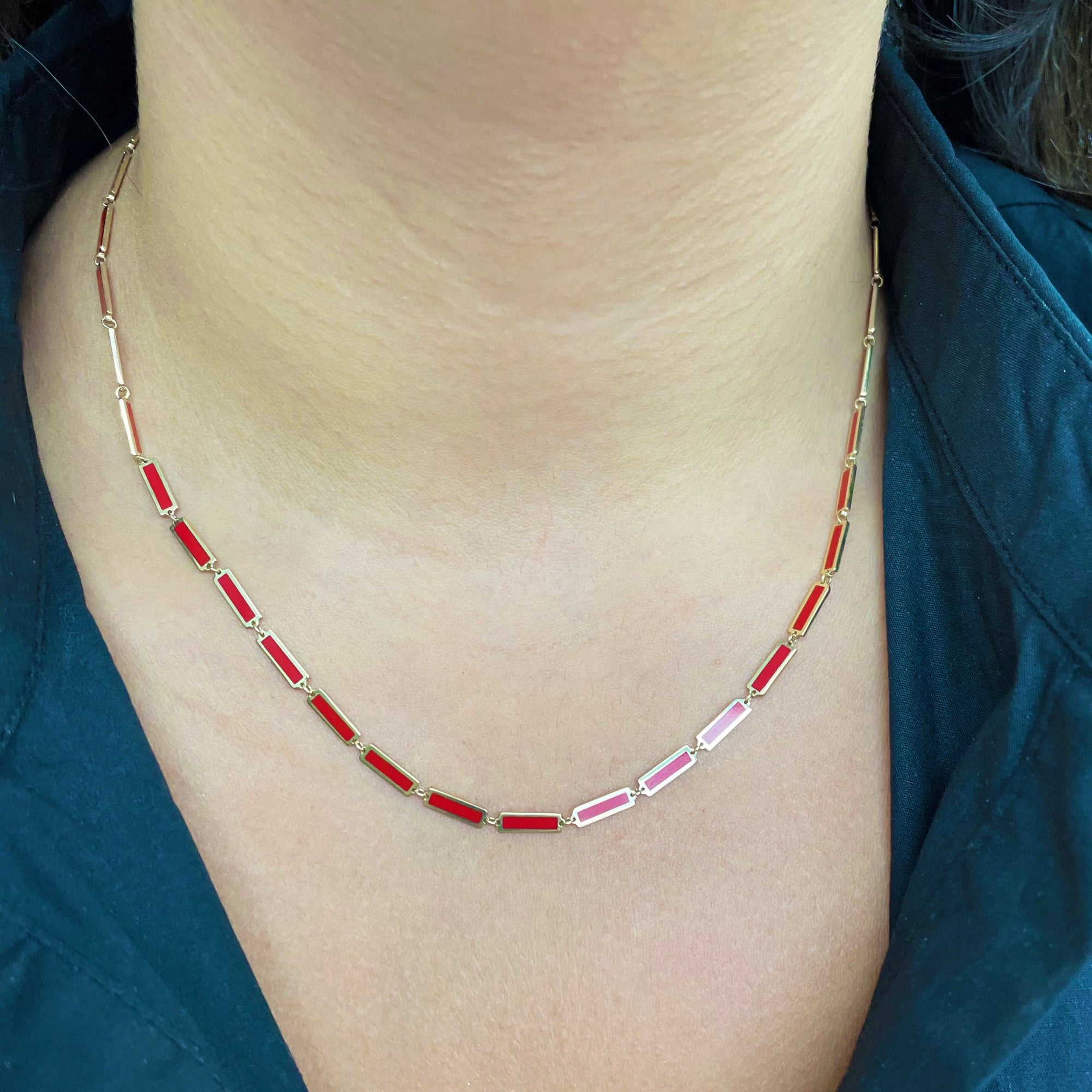 14K Yellow Gold Coral Bar Station Necklace