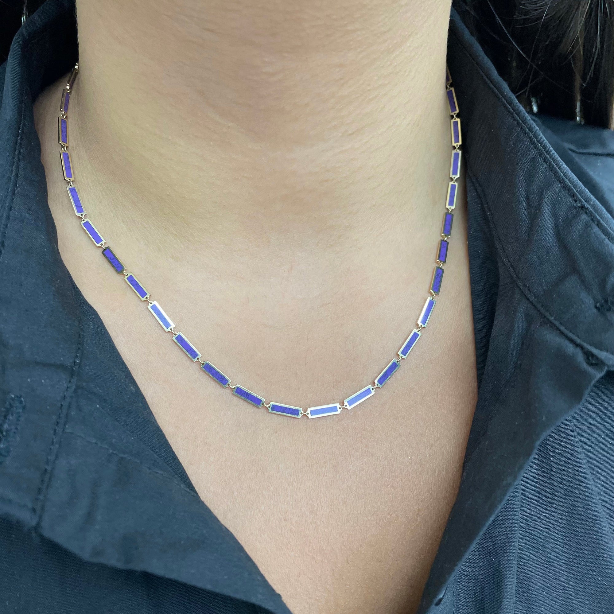 14K Yellow Gold Lapis Bar Station Necklace