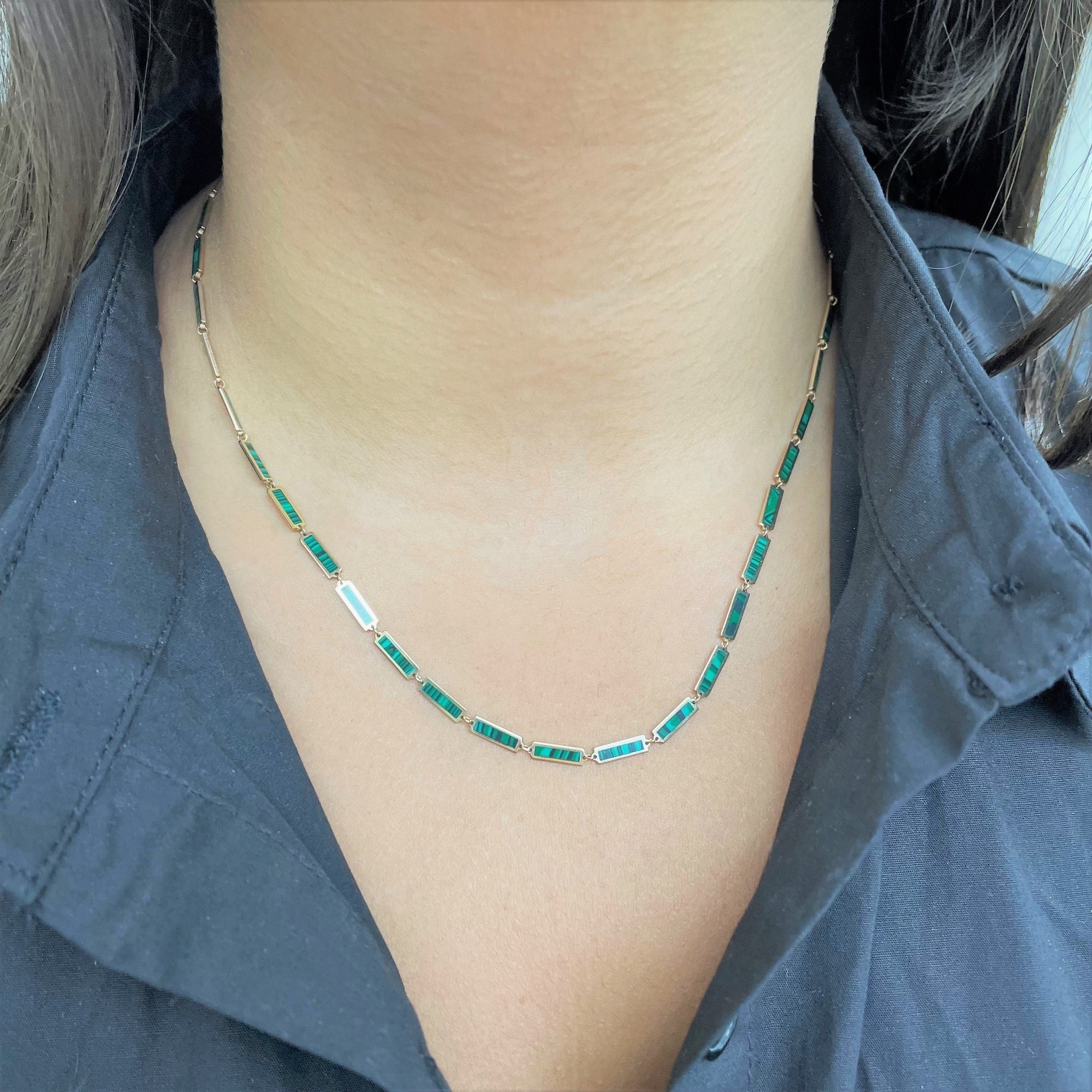 14K Yellow Gold Malachite Bar Station Necklace