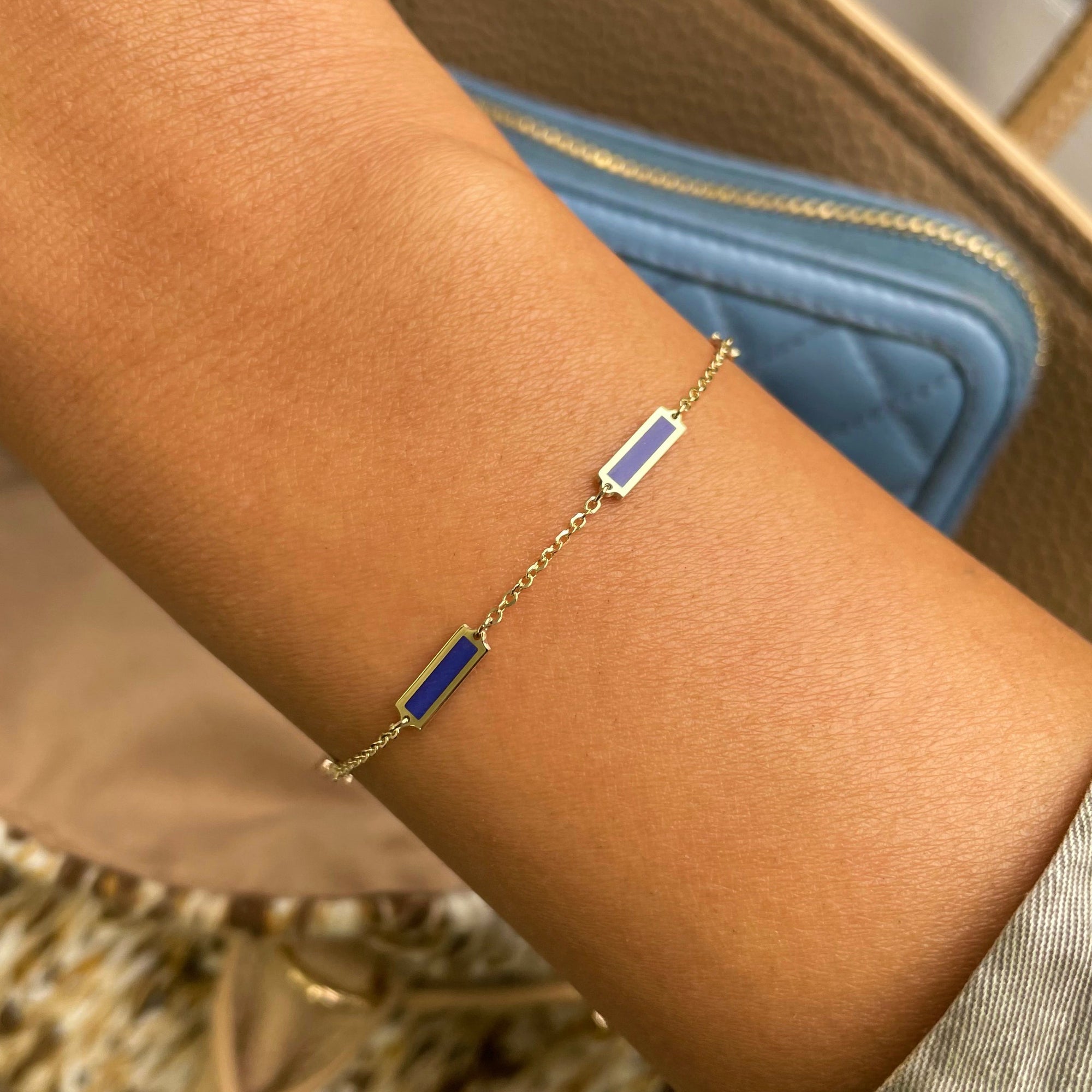 14K Yellow Gold Lapis Bar Station Bracelet