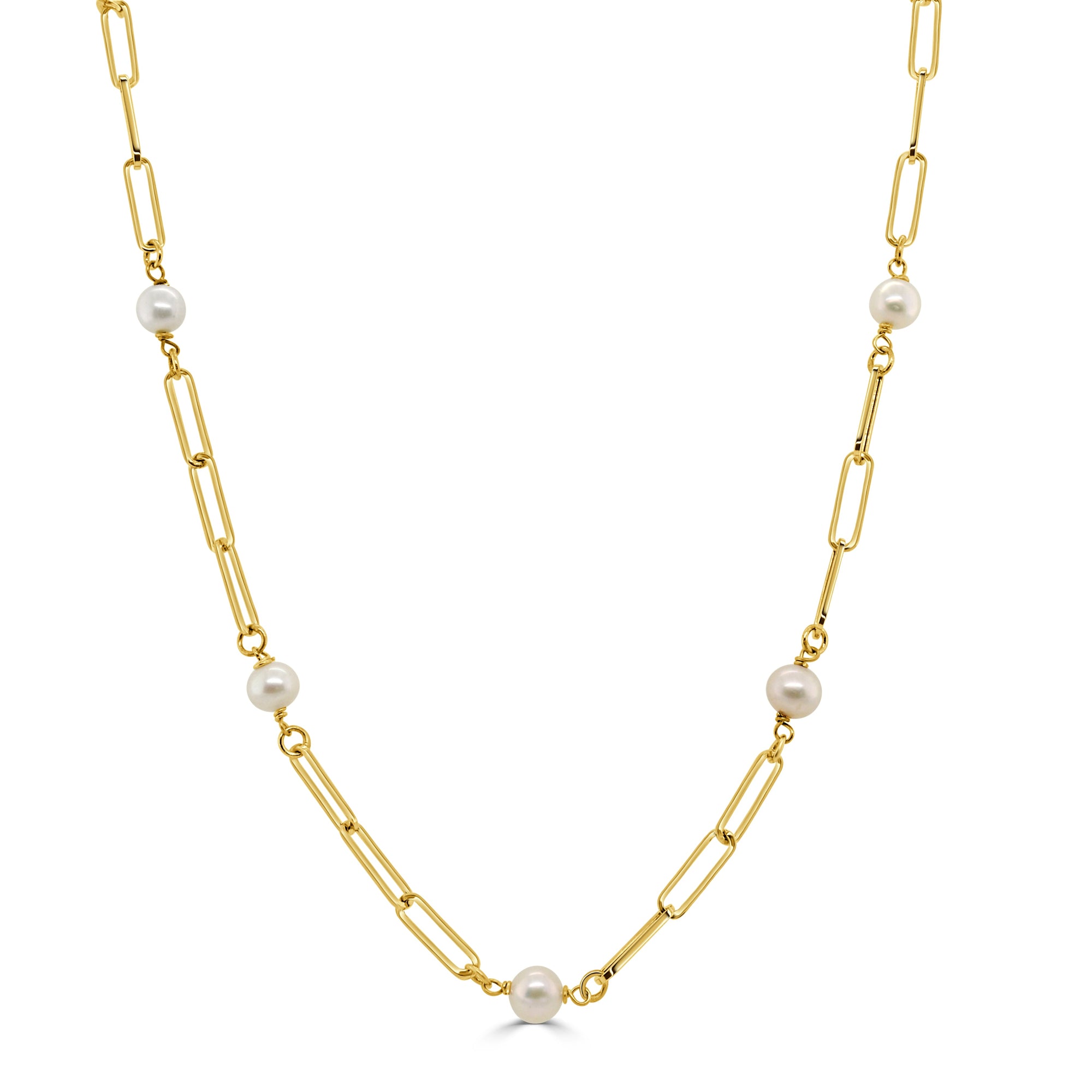14K Yellow Gold Freshwater Pearl Station Paperclip Necklace