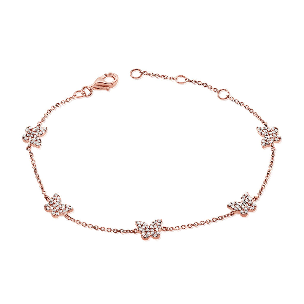14K Gold Diamond Butterfly Station Bracelet - Rose