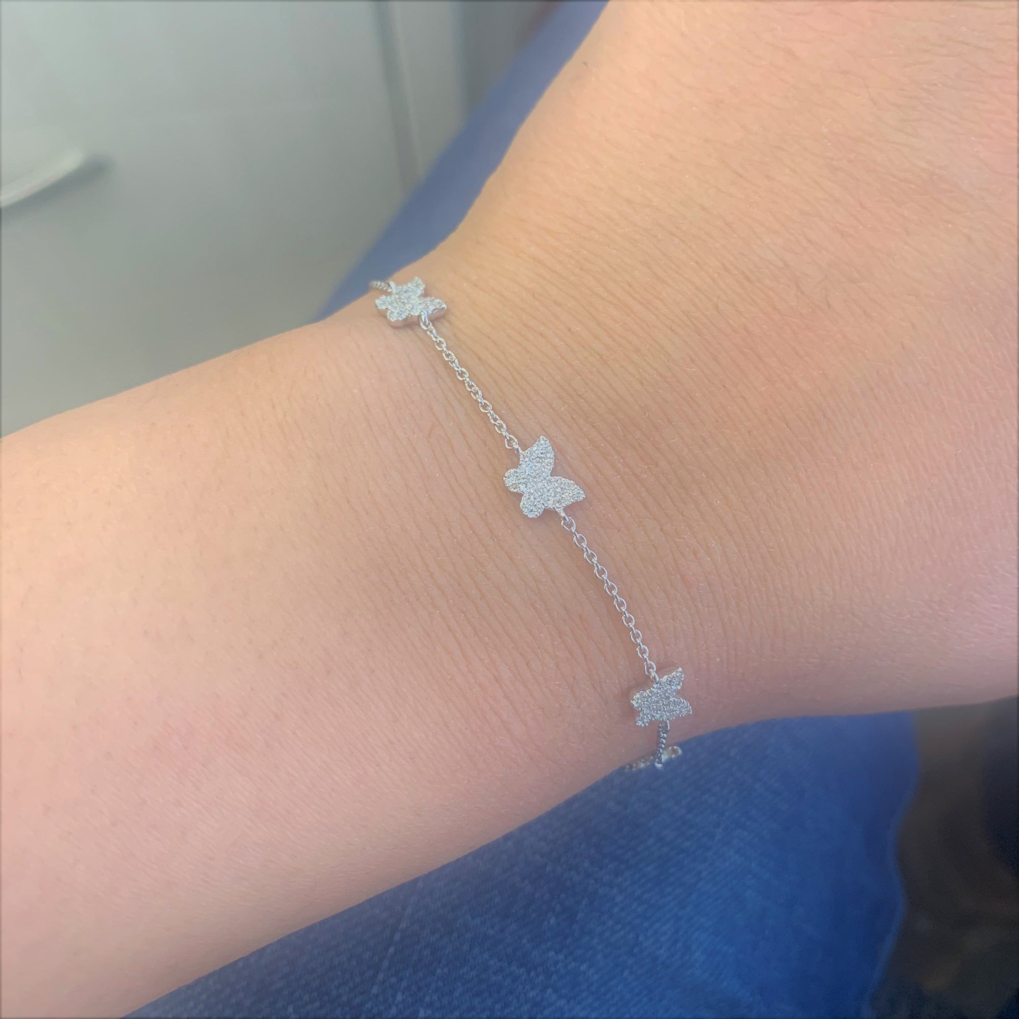 14K Gold Diamond Butterfly Station Bracelet - White