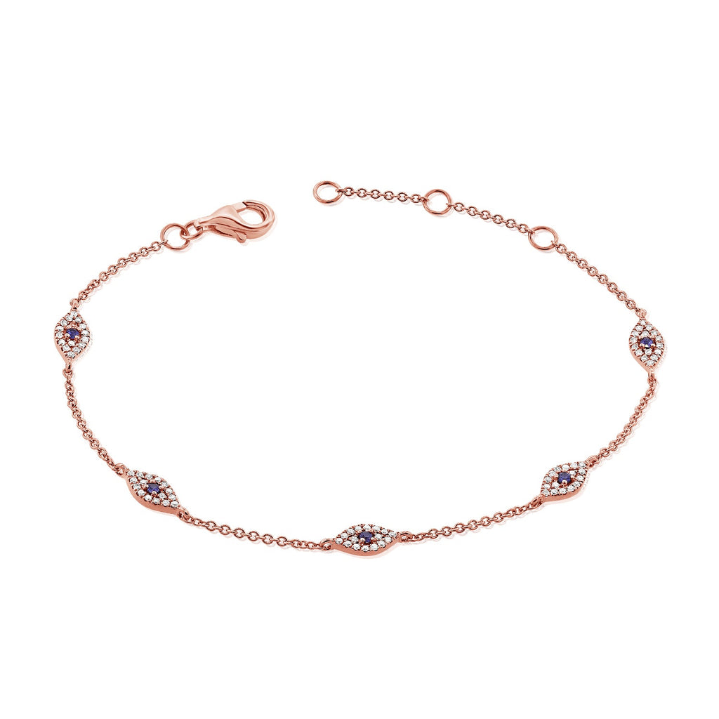 14K Gold Sapphire & Diamond Evil Eye Station Bracelet - Rose