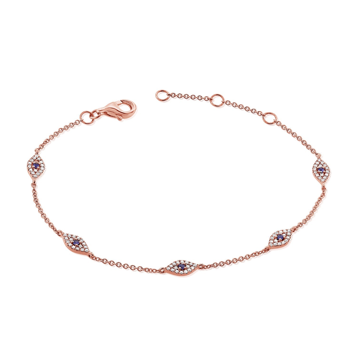 14K Gold Sapphire & Diamond Evil Eye Station Bracelet - Rose