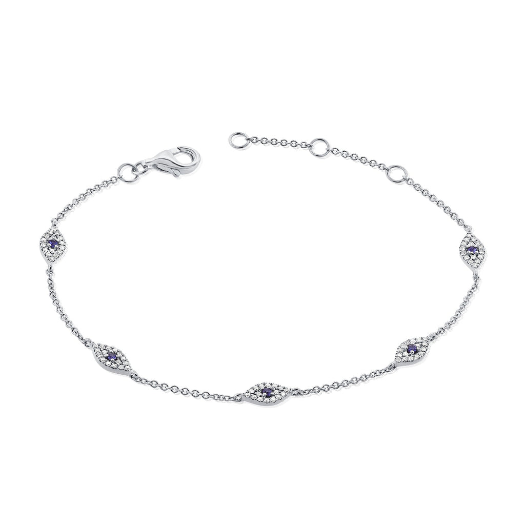 14K Gold Sapphire & Diamond Evil Eye Station Bracelet - White