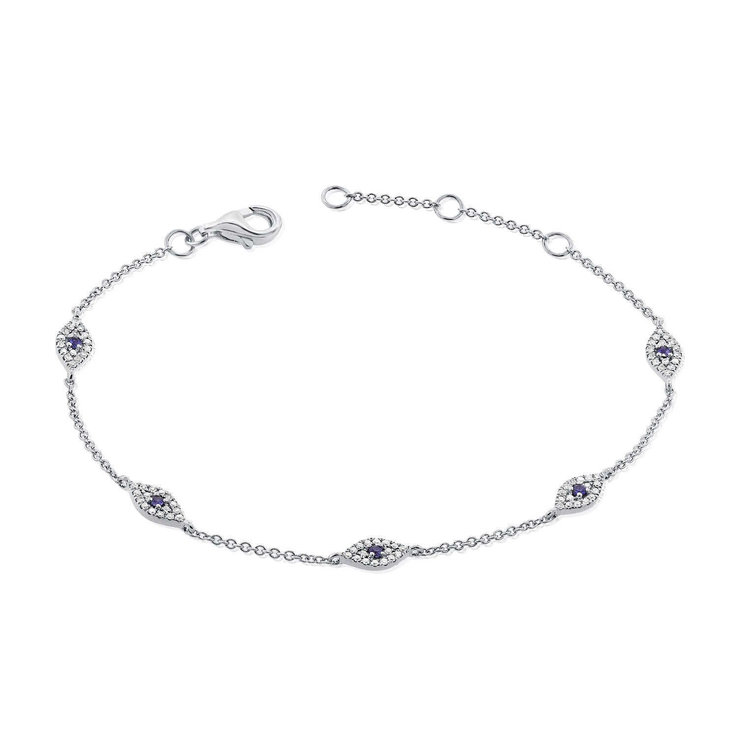 14K Gold Sapphire & Diamond Evil Eye Station Bracelet - White