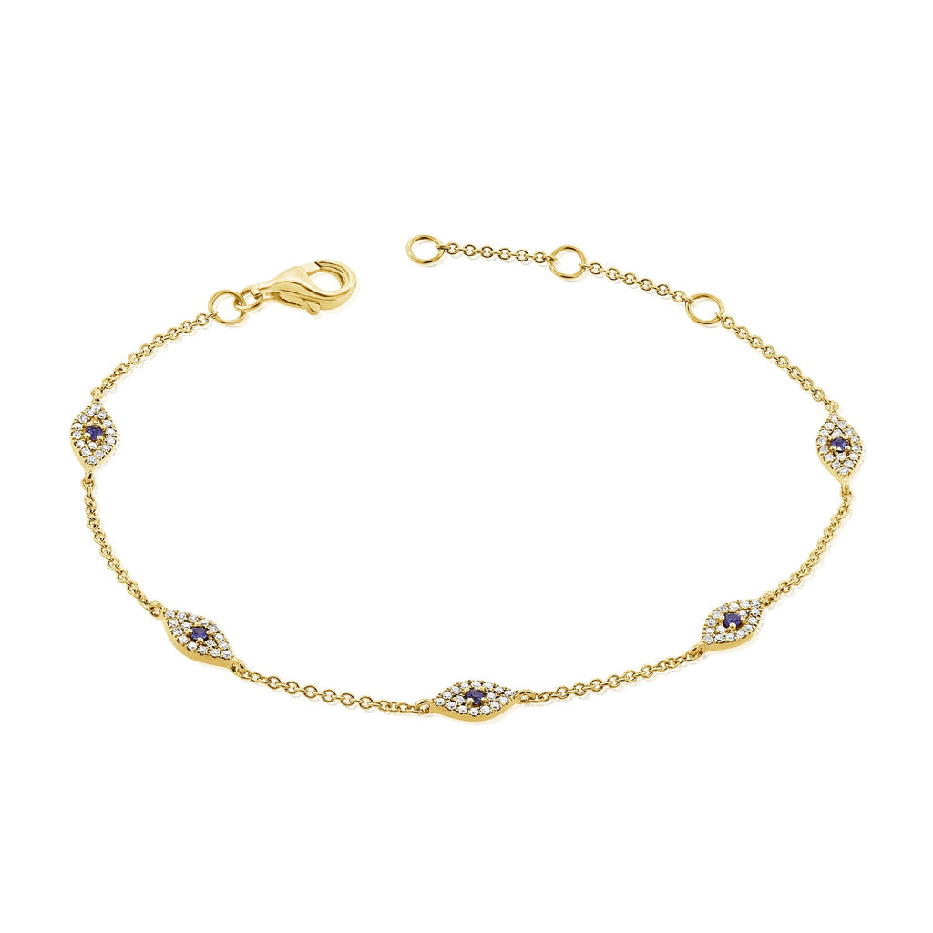 14K Gold Sapphire & Diamond Evil Eye Station Bracelet - Yellow