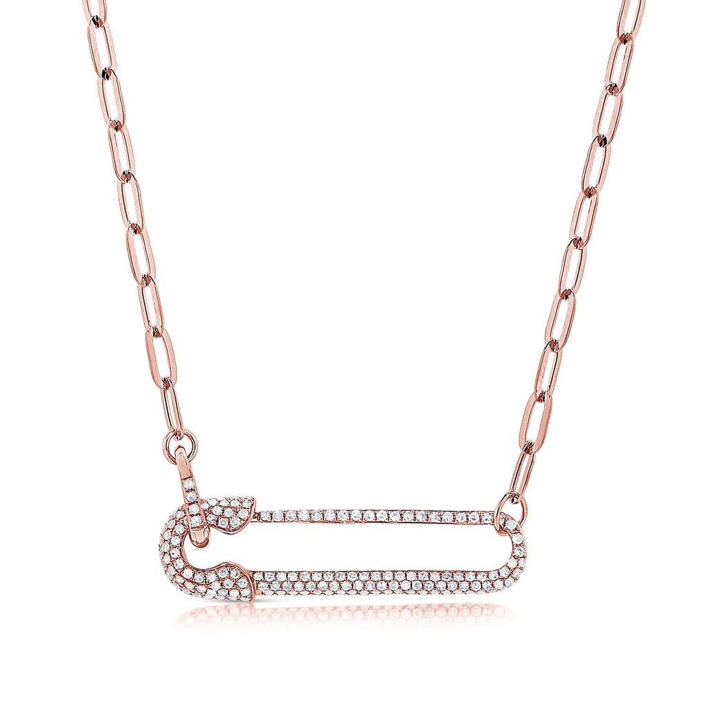 14K Gold Diamond Safety Pin Link Necklace - Rose