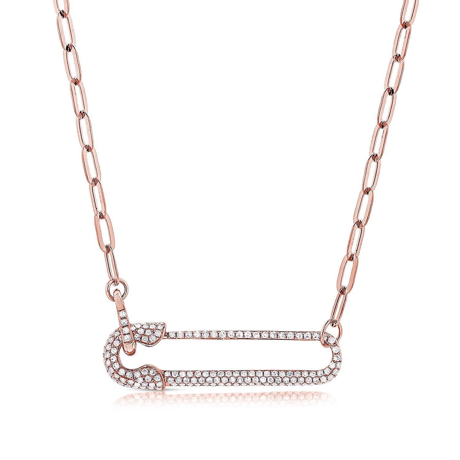 14K Gold Diamond Safety Pin Link Necklace - Rose