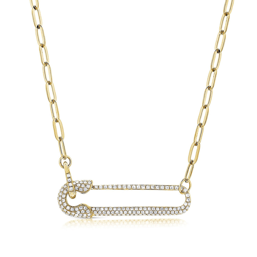 14K Gold Diamond Safety Pin Link Necklace - Yellow