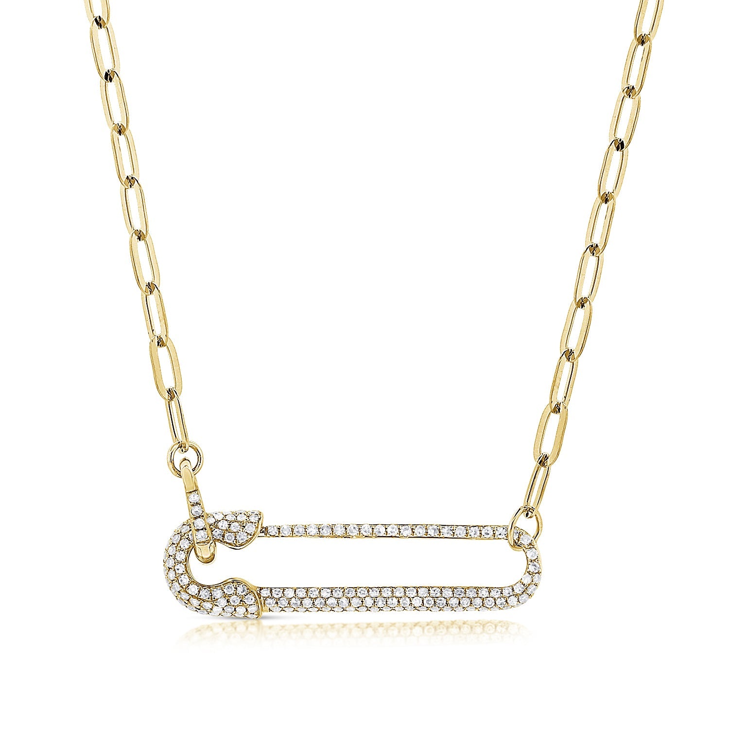 14K Gold Diamond Safety Pin Link Necklace - Yellow