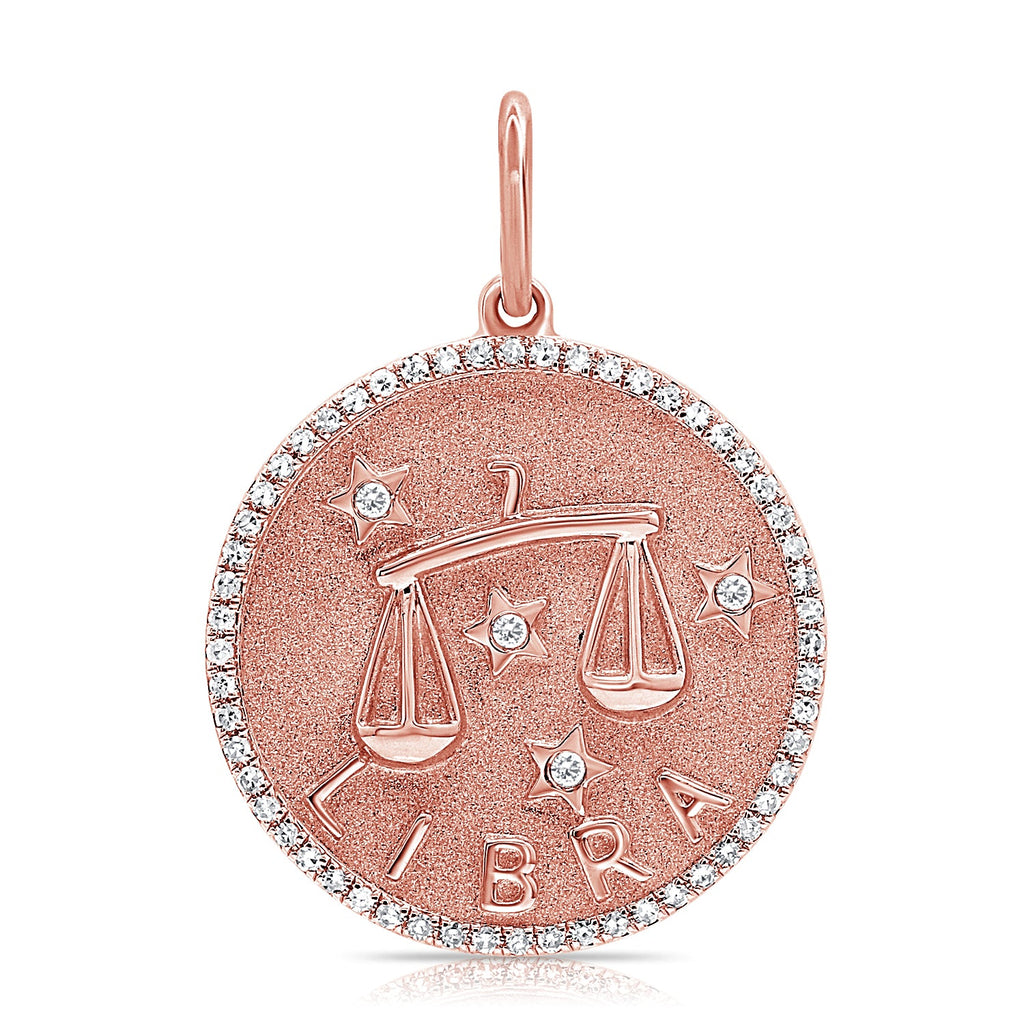 14K Gold Diamond Zodiac Libra Charm Necklace - Rose