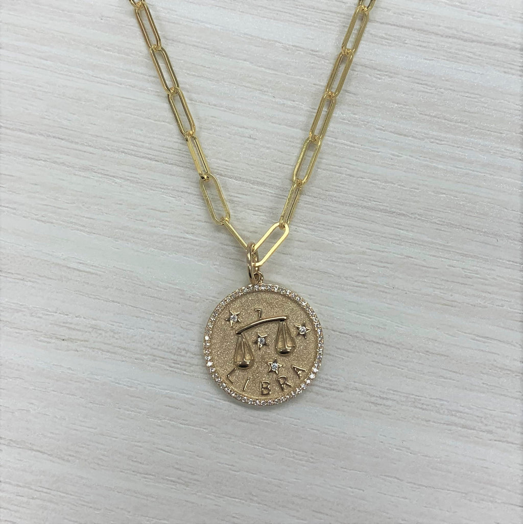 14K Gold Diamond Zodiac Libra Charm Necklace
