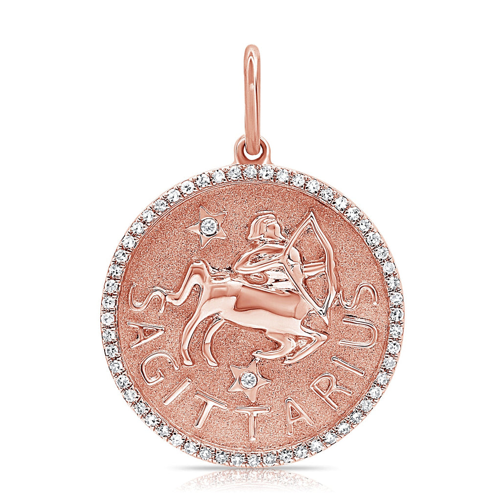 14K Gold Diamond Zodiac Sagittarius Charm Necklace - Rose