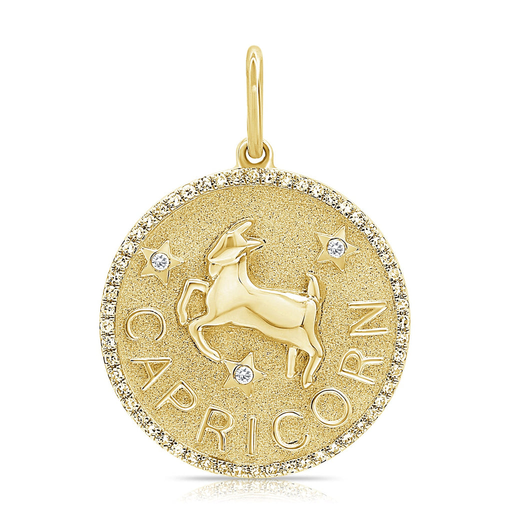 14K Gold Diamond Zodiac Capricorn Charm Necklace - Yellow