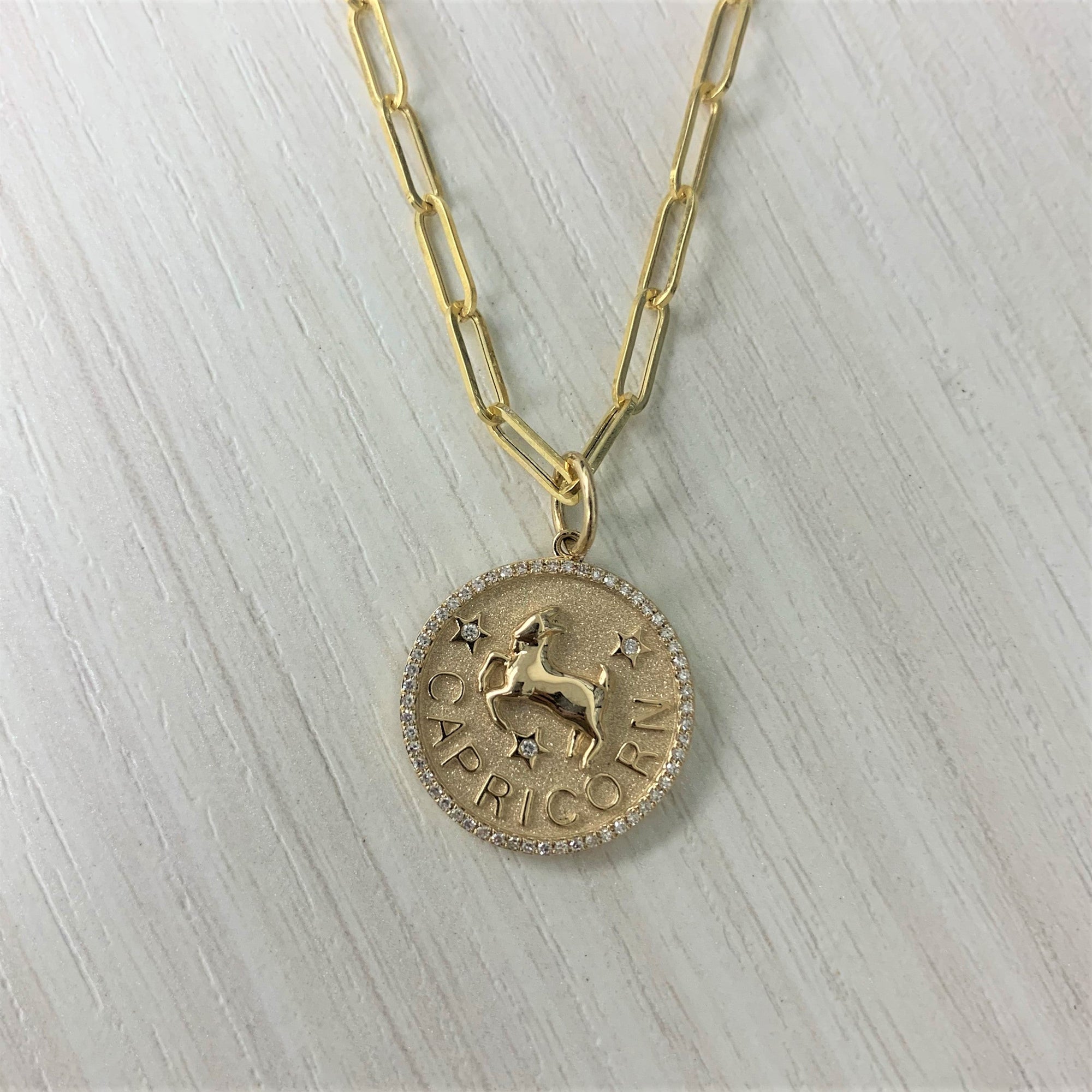 14K Gold Diamond Zodiac Capricorn Charm Necklace