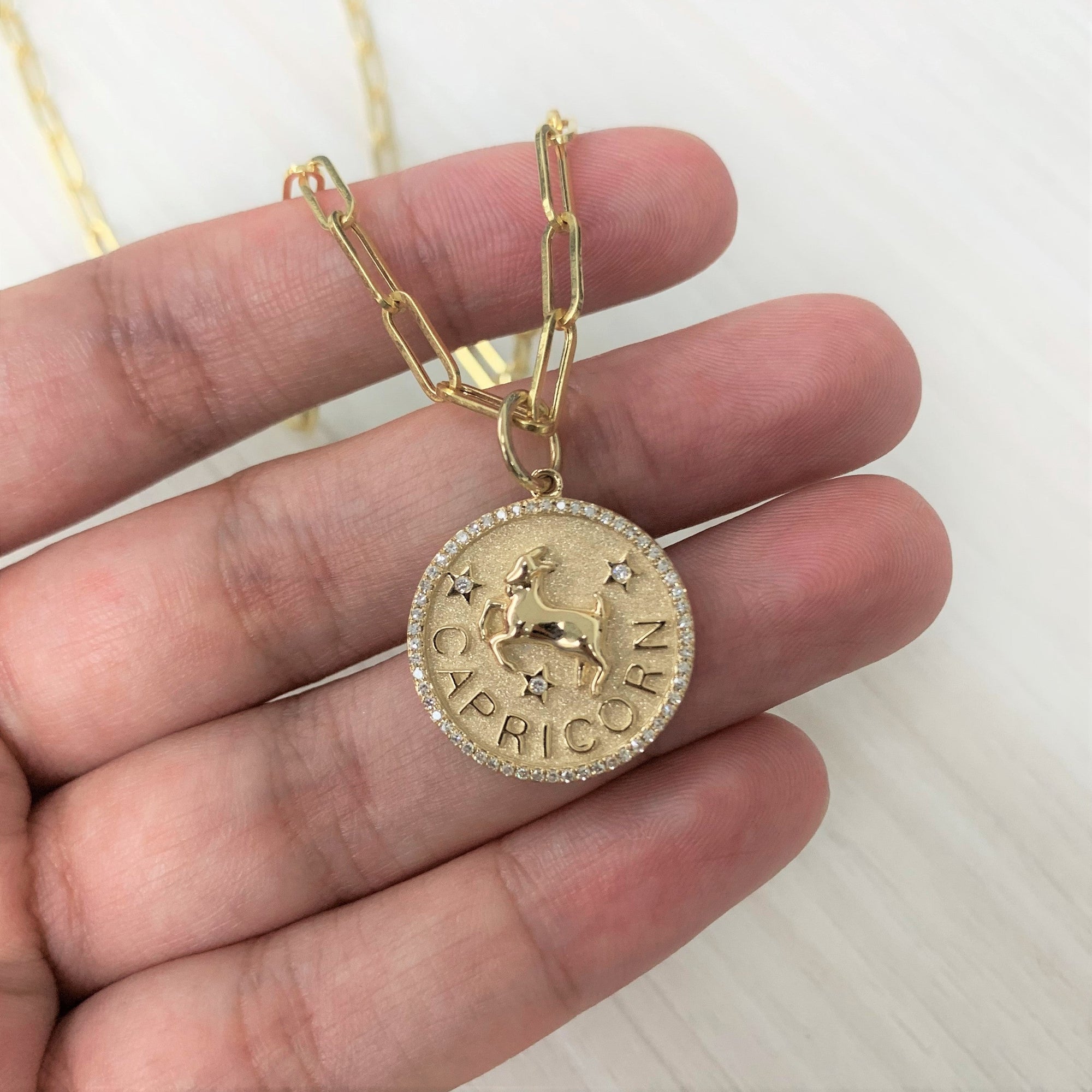 14K Gold Diamond Zodiac Capricorn Charm Necklace