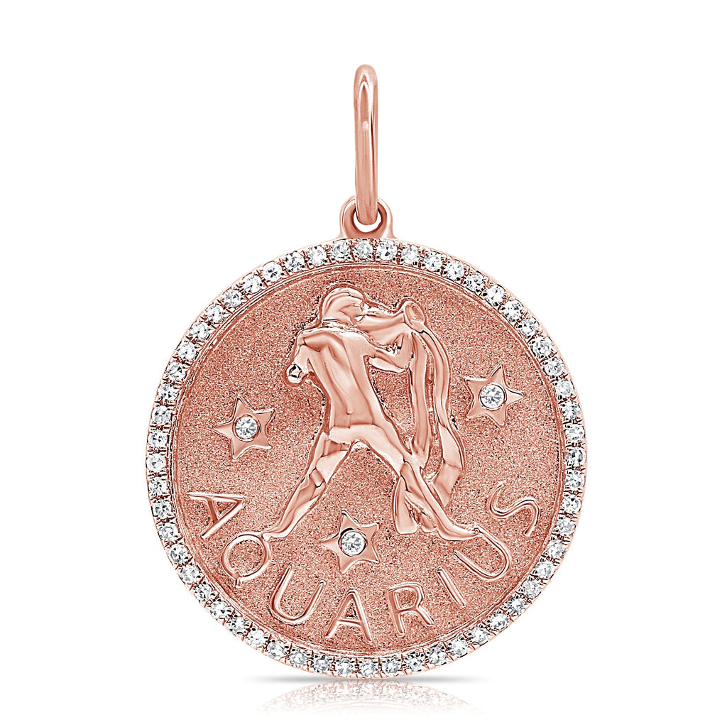 14K Gold Diamond Aquarius Zodiac Charm Necklace - Rose