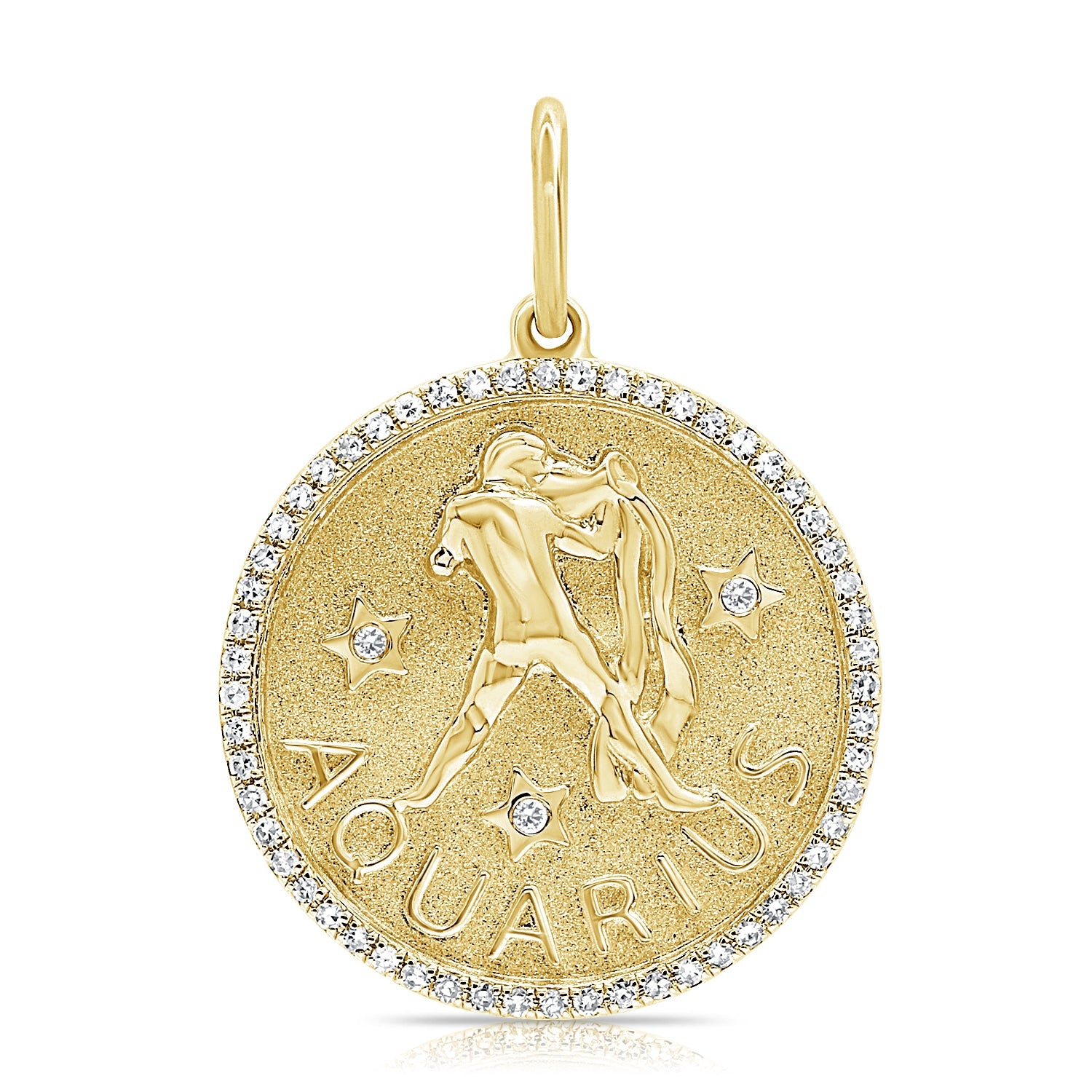 14K Gold Diamond Aquarius Zodiac Charm Necklace - Yellow