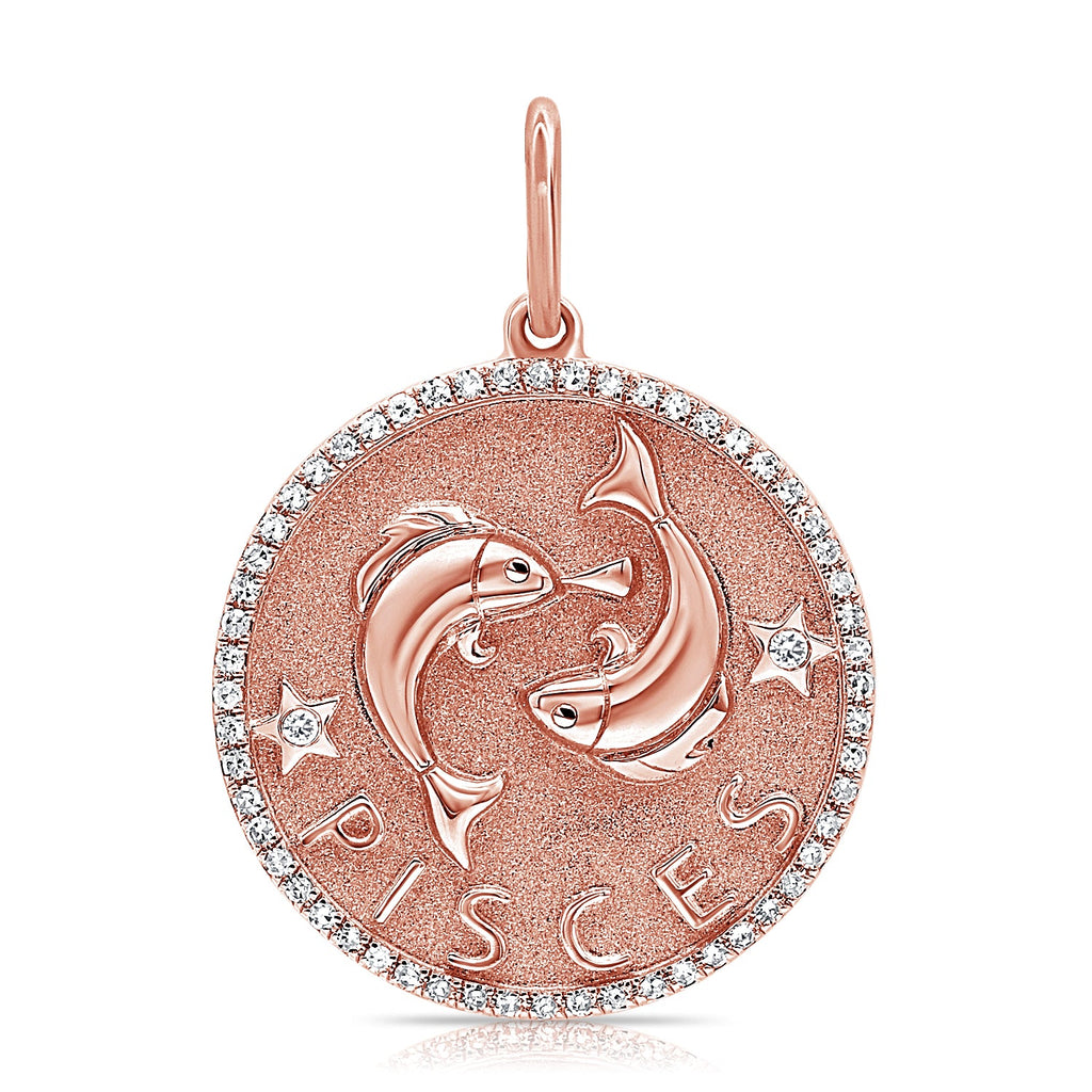 14K Gold Diamond Pisces Zodiac Charm Necklace - Rose