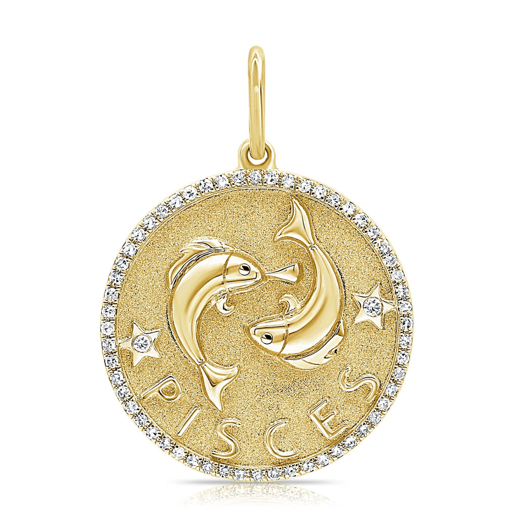 14K Gold Diamond Pisces Zodiac Charm Necklace - Yellow