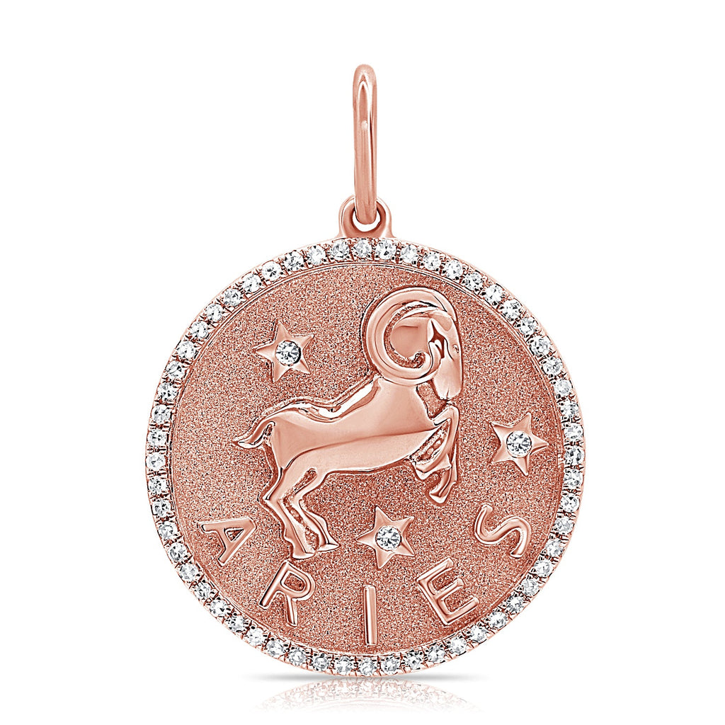 14K Gold Diamond Aries Zodiac Charm Necklace - Rose