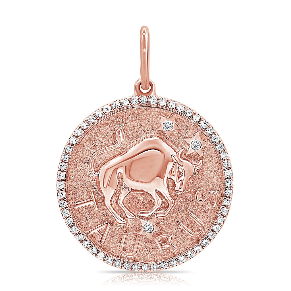 14K Gold Diamond Zodiac Taurus Charm Necklace - Rose