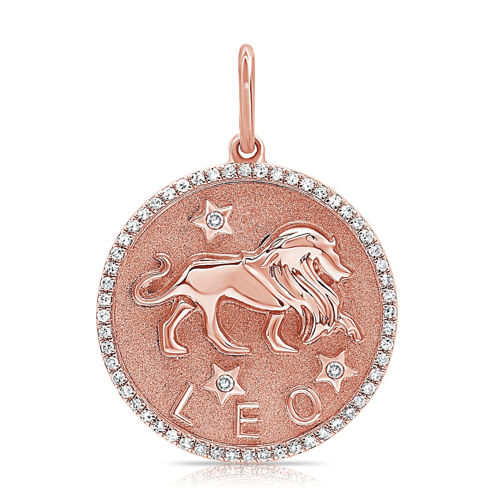 14K Gold Diamond Zodiac Leo Charm Necklace - Rose