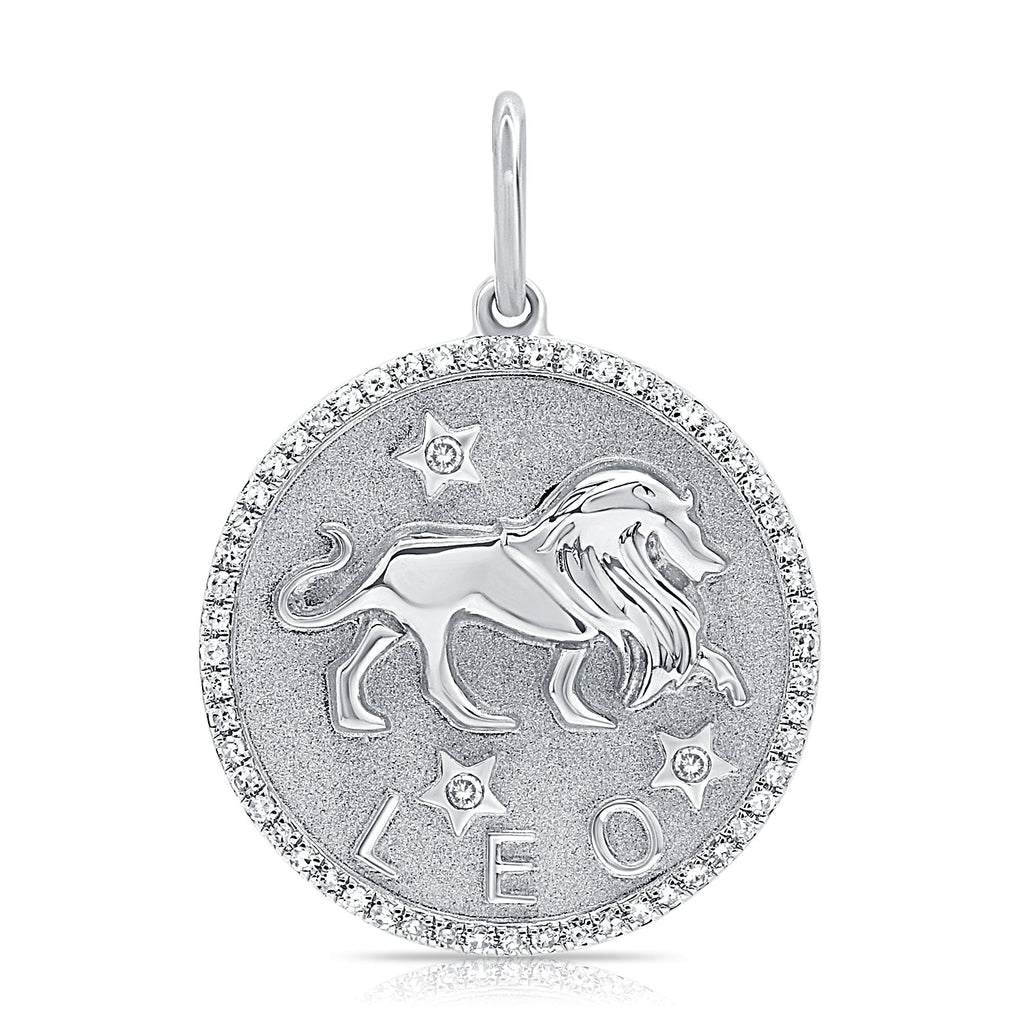 14K Gold Diamond Zodiac Leo Charm Necklace - White