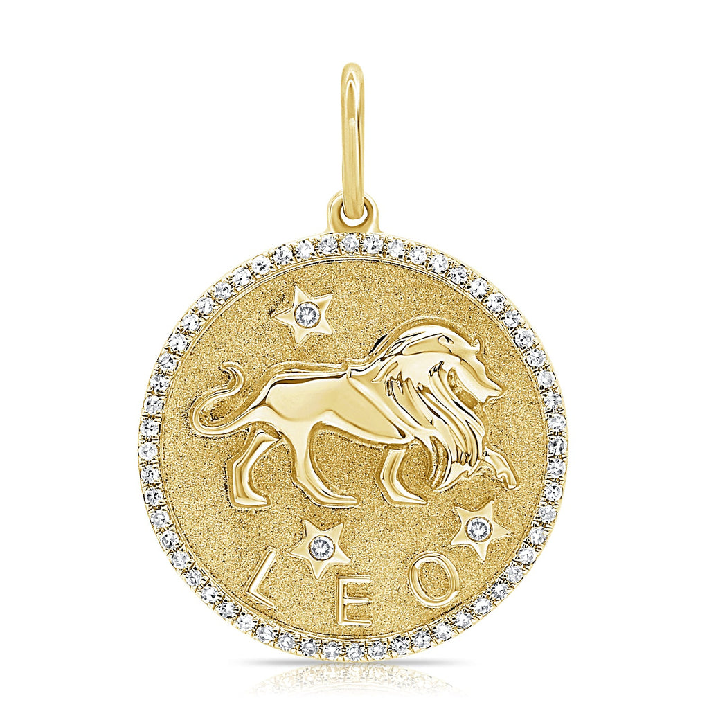 14K Gold Diamond Zodiac Leo Charm Necklace - Yellow