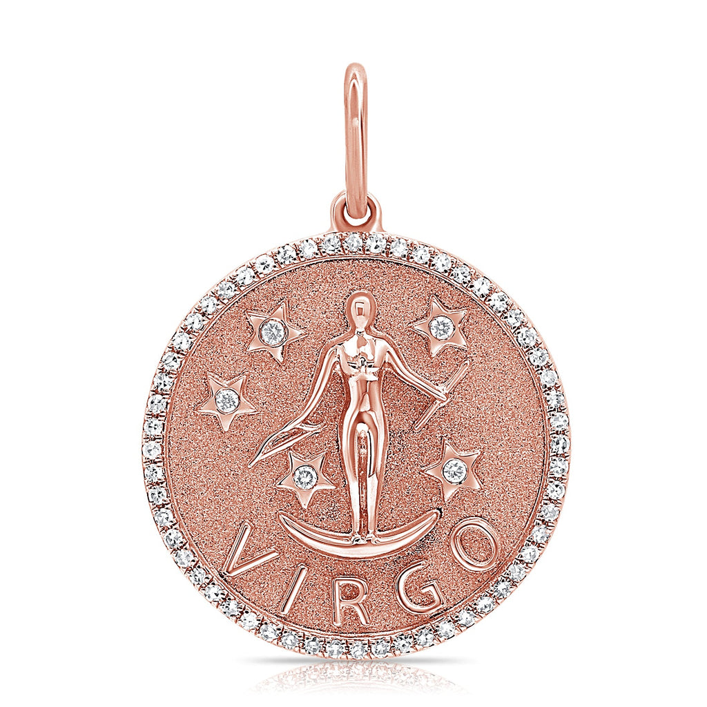 14K Gold Diamond Virgo Zodiac Charm Necklace - Rose