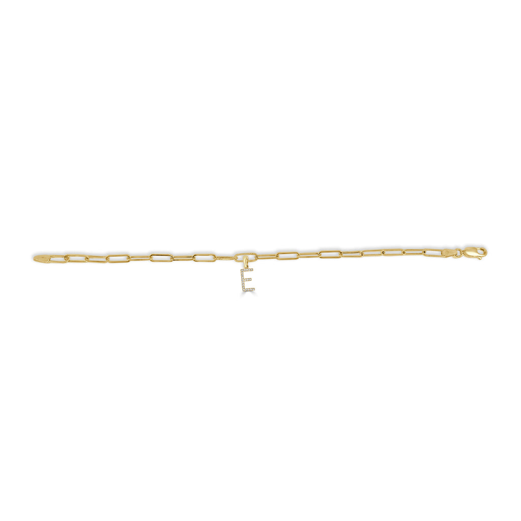14K Yellow Gold Paperclip Link Diamond Initial Bracelet - E