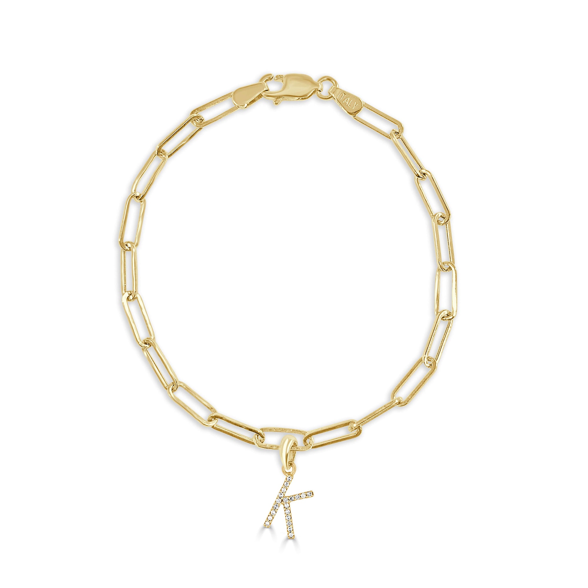 14K Yellow Gold Paperclip Link Diamond Initial Bracelet - K