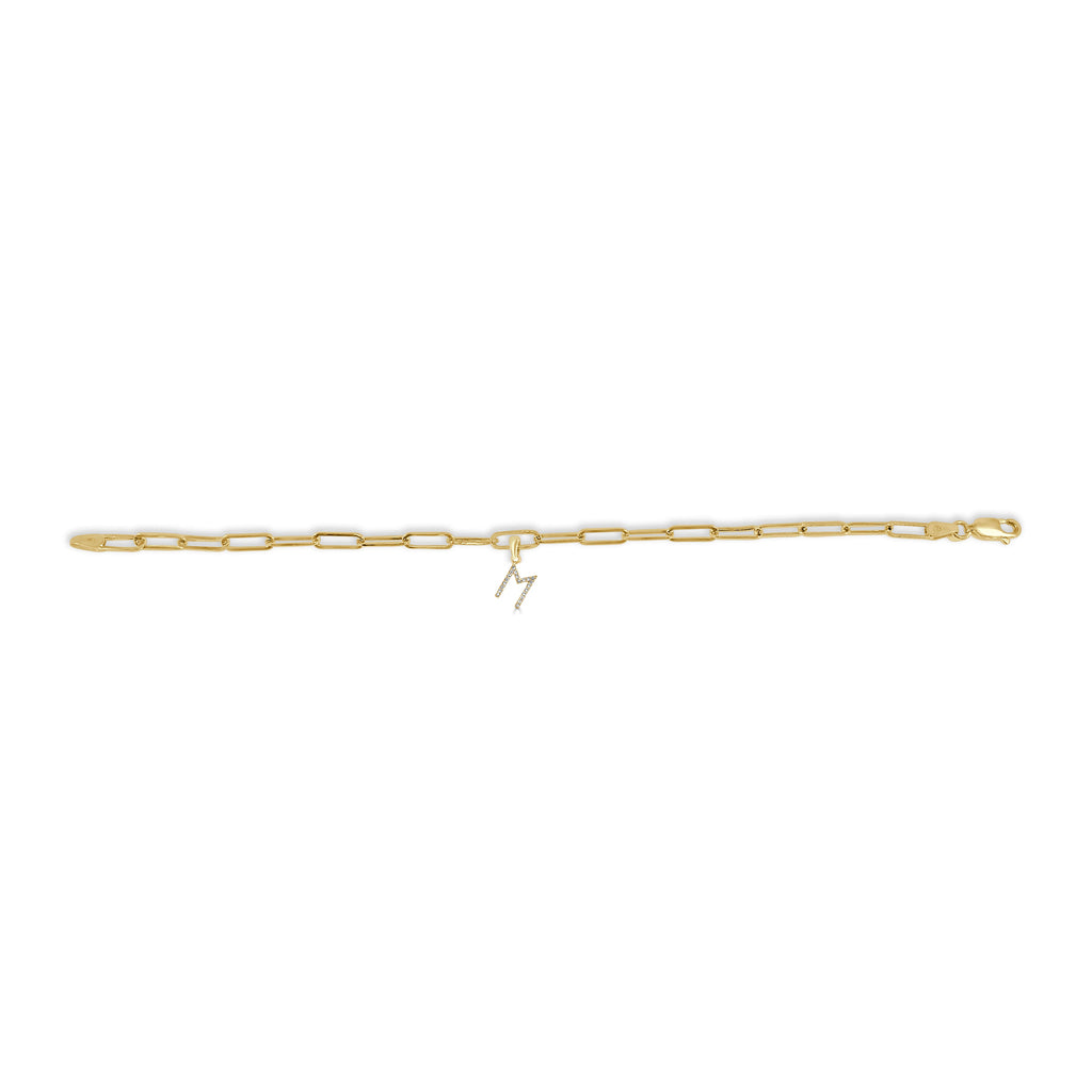 14K Yellow Gold Paperclip Link Diamond Initial Bracelet - M