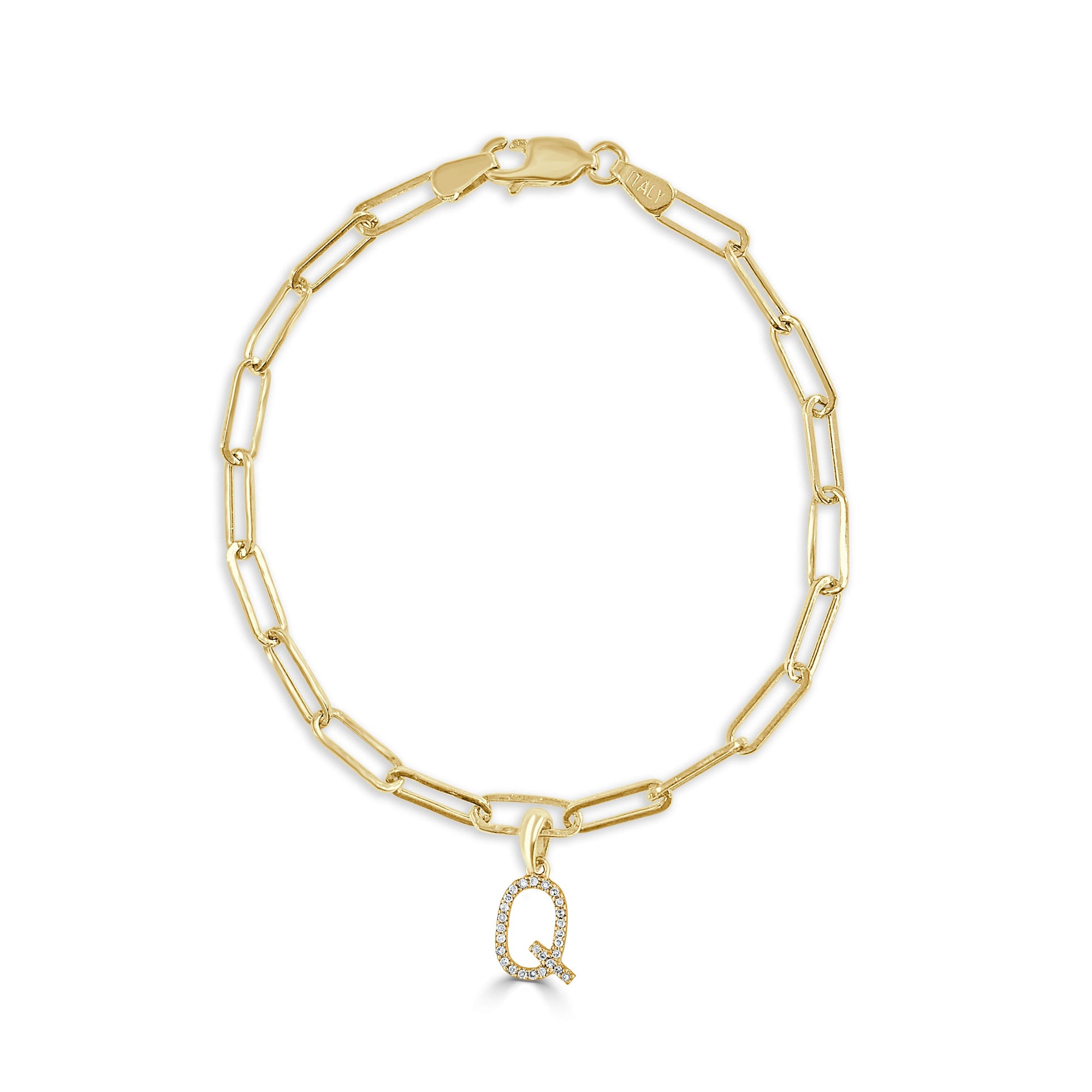 14K Yellow Gold Paperclip Link Diamond Initial Bracelet - Q