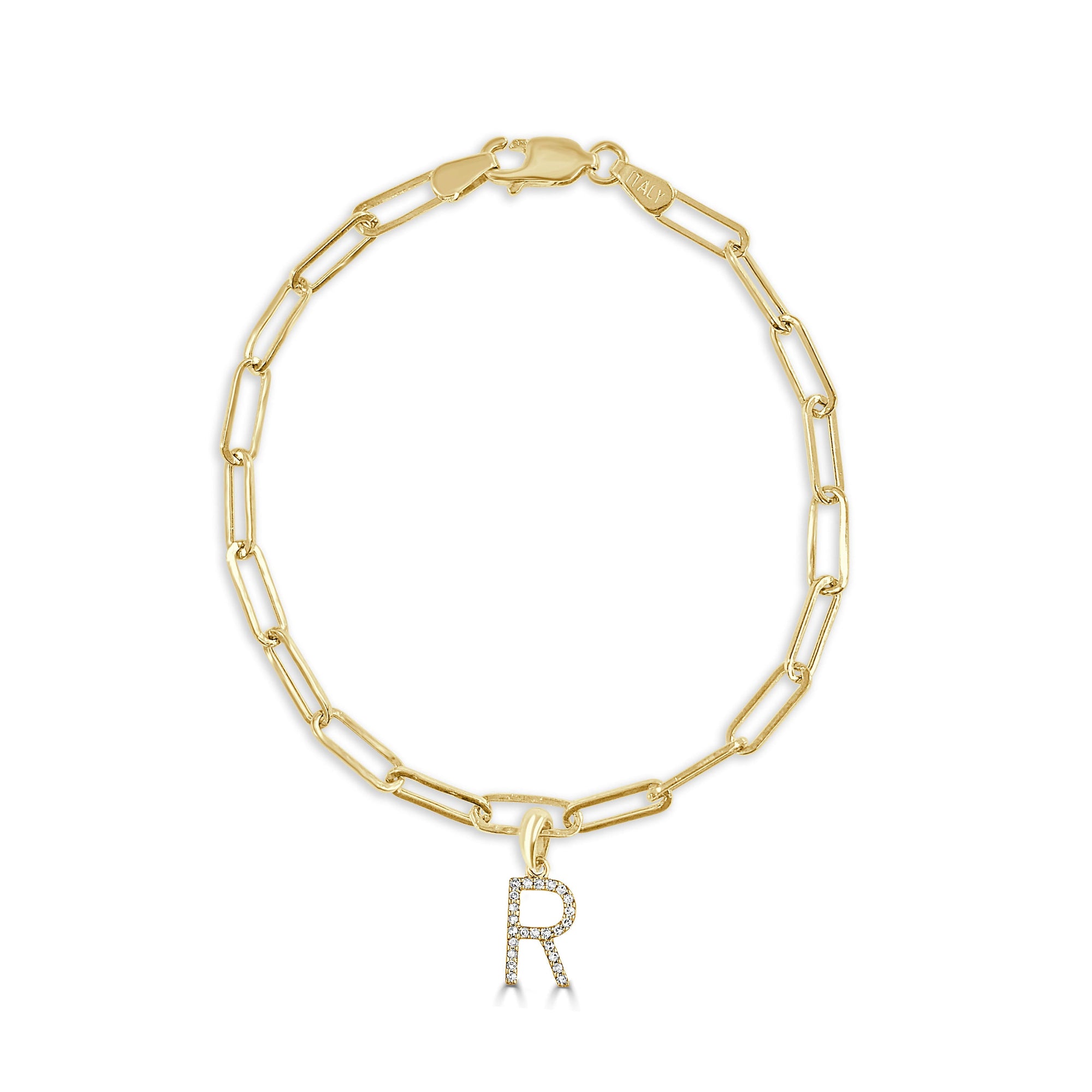 14K Yellow Gold Paperclip Link Diamond Initial Bracelet - R