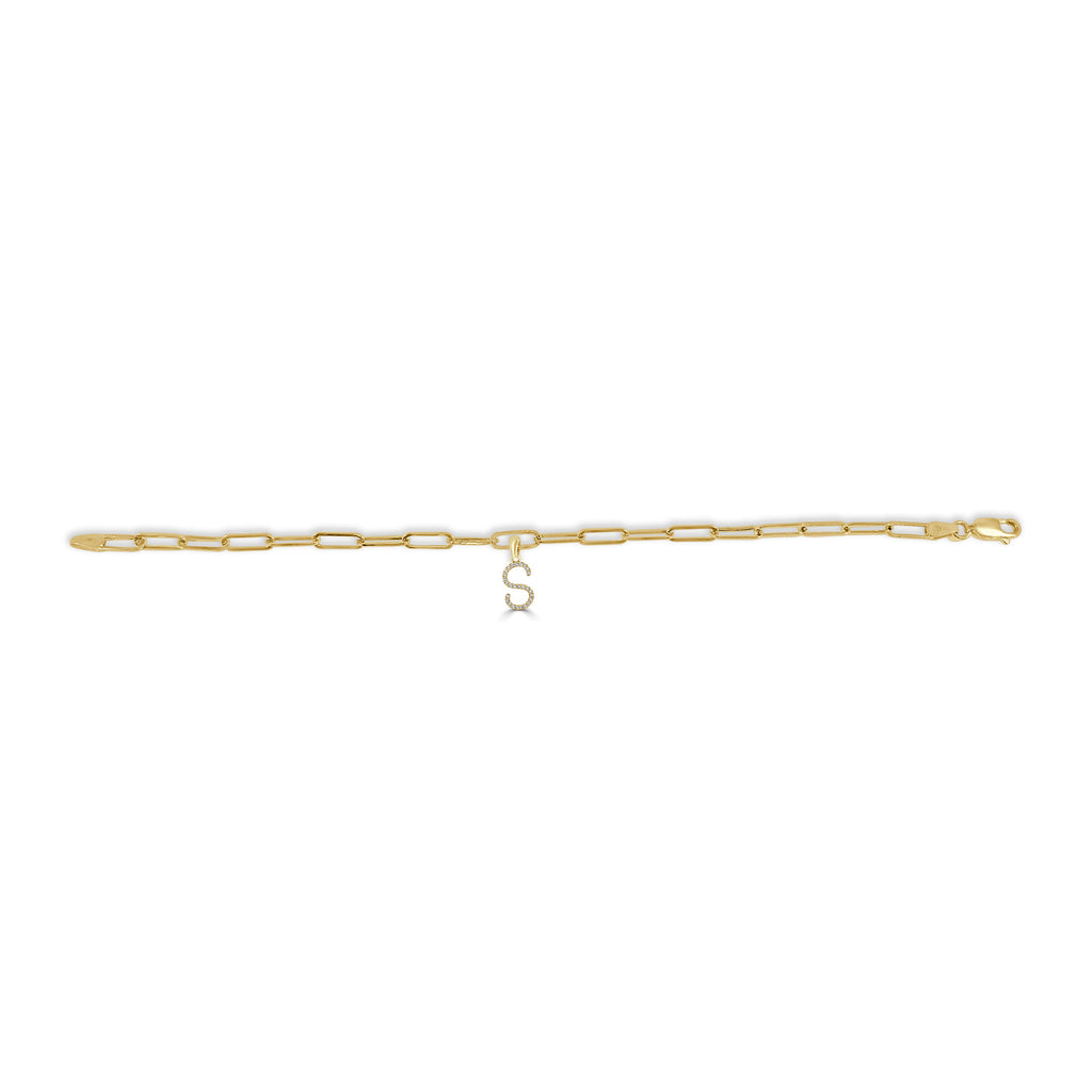 14K Yellow Gold Paperclip Link Diamond Initial Bracelet - S